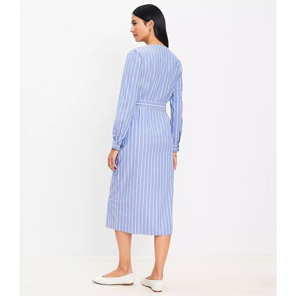 LOFT Shirt Dress Sz 16 Blue White Striped Long Sleeve Wrap Midi V-Neck - Picture 3 of 15